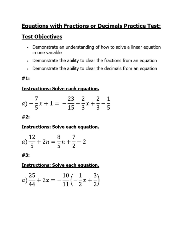 Equations With Fractions or Decimals Practice Test | PDF