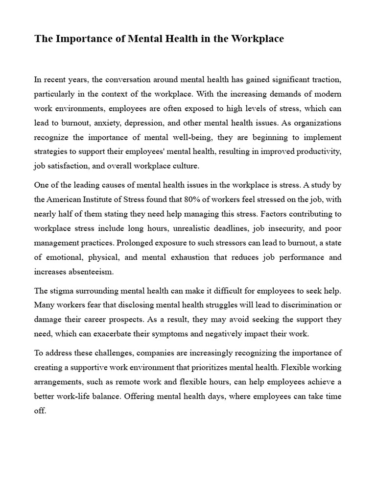 The Importance of Mental Health in The Workplace | PDF