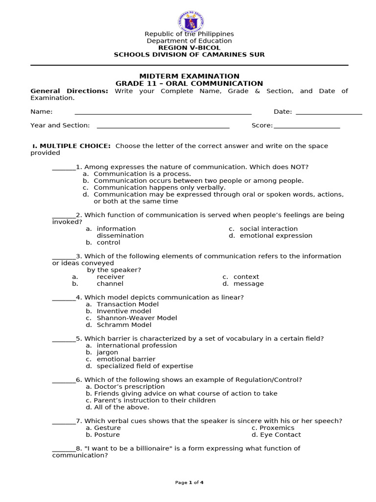 ALS - Oral Communication Midterm Grade 11 Exam | PDF | Communication ...