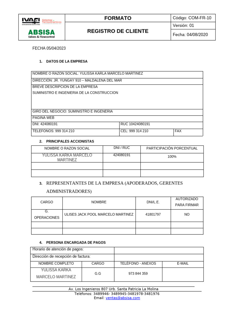 COM-FR-10 Formato Registro de Cliente v01 04 08 20 | PDF