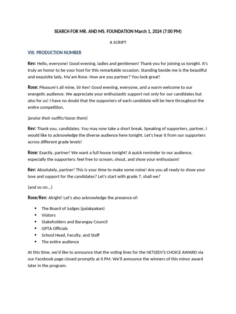 Mr. and Ms. Foundation 2024 Script | PDF | Home & Garden