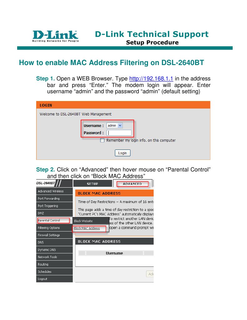 MAC Address Filtering on DSL-2640BT | PDF | Business | Computers