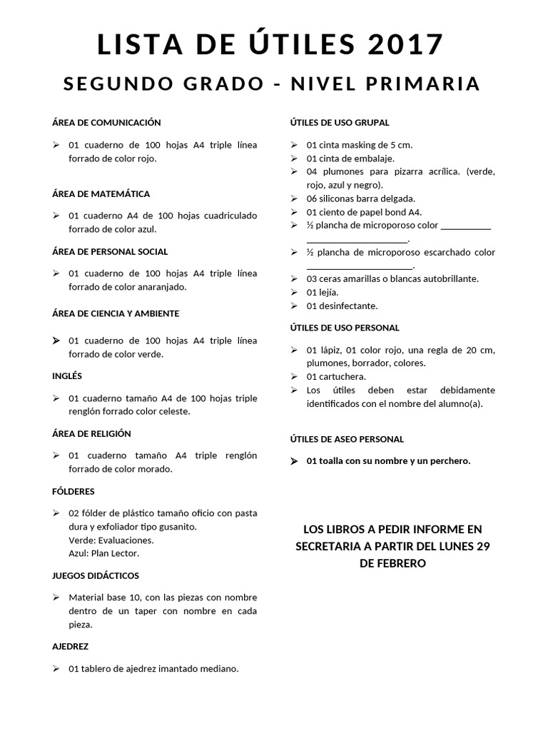 Lista de Utiles Segundo Grado | PDF