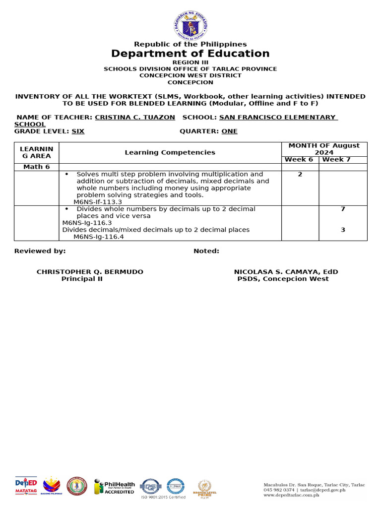 Grade-6-INVERTORY-OF-ALL-THE-WORKTEXT-for-Blended-Learning-part 2 | PDF