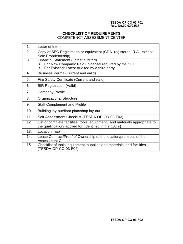 TESDA Assessment Center Requirements Checklist | PDF | Balance Sheet
