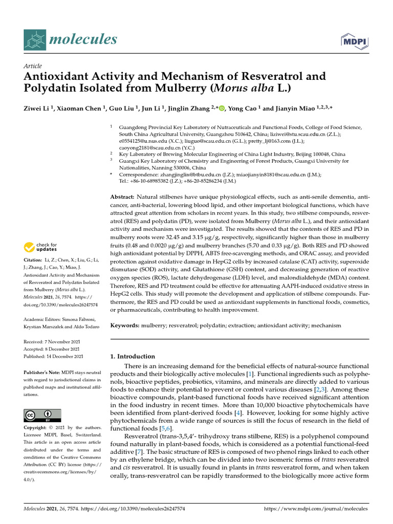 Antioxidant Activity and Mechanism of Resveratrol | PDF
