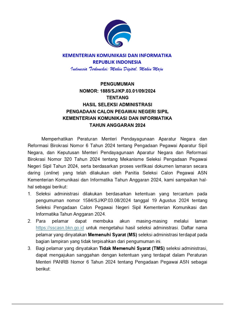 1885 pengumuman seleksi adminstrasi pengadaan cpns kementerian