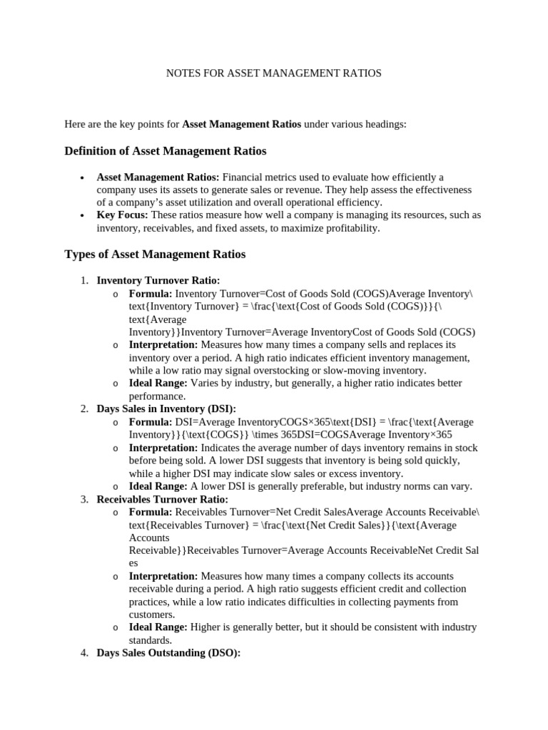 Notes For Asset Management Ratios | PDF | Inventory | Business