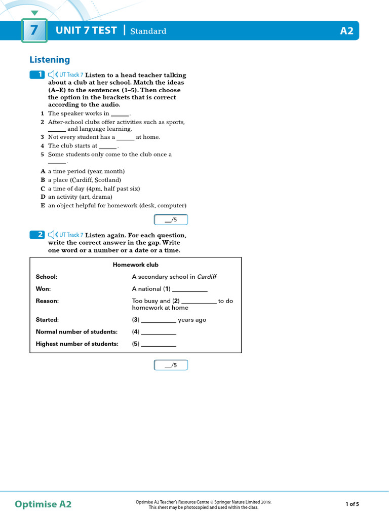 OPT A2 Unit Test 7 Standard | PDF