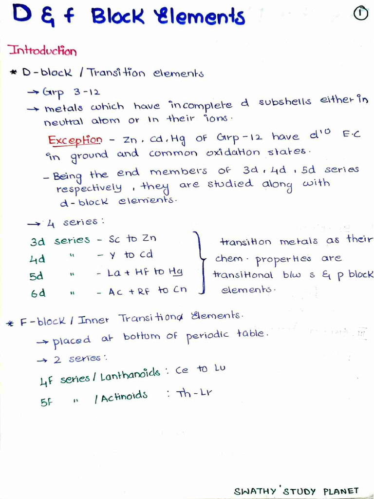D and F Block Elements Notes | PDF