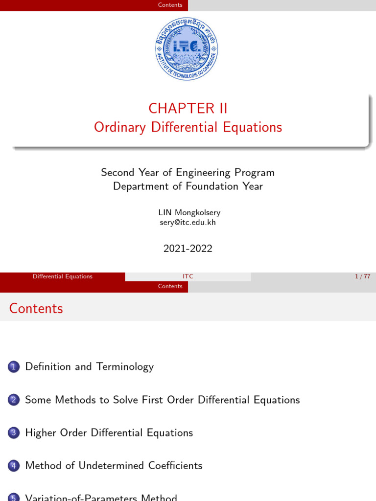 Ordinary Differential Equations: Second Year of Engineering Program ...