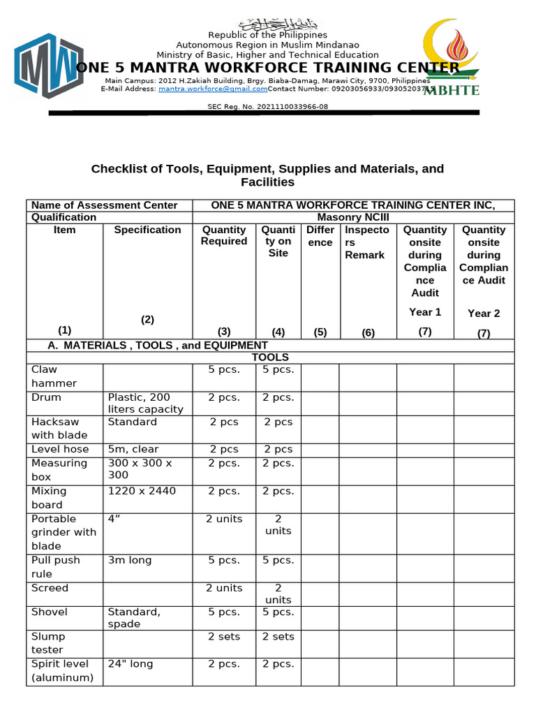 checklist of tools masonry | PDF