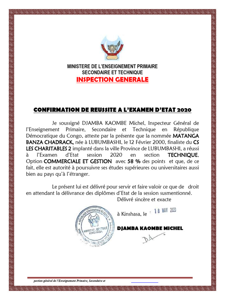 Attestation de Reussite 2020 | PDF