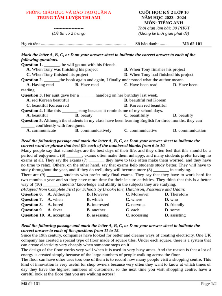 Midterm Test Grade 10 - 101 | PDF