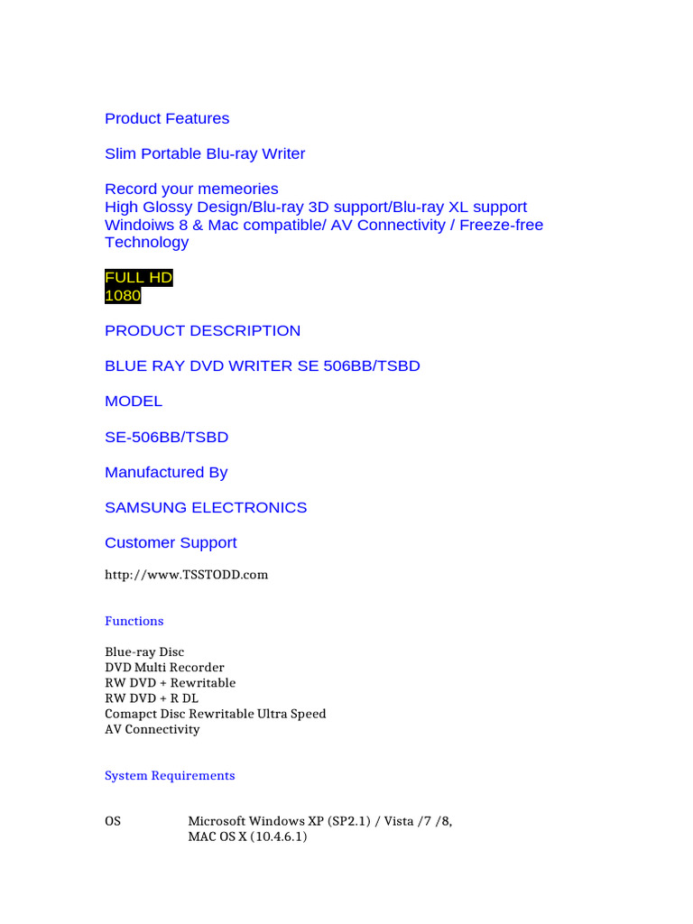 Samsung Blue Ray DVD Writer Se 506BB-TSBD | PDF