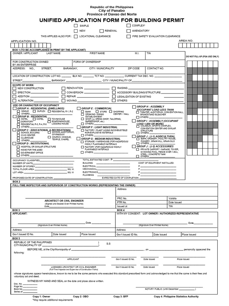 Davao City Unified Building Permit Form | PDF