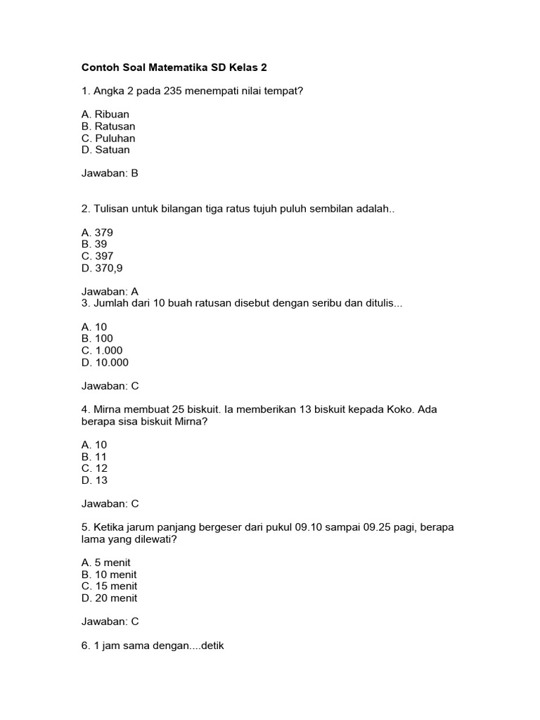 Soal Matematika Kelas 2 Sd Pdf