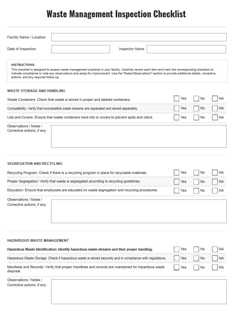 Waste Management Inspection Checklist | PDF