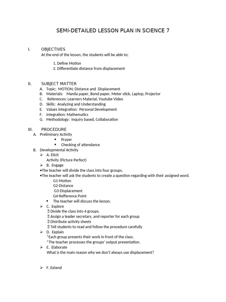 Science 7 Lesson Plan: Motion Concepts | PDF | Lesson Plan | Science ...