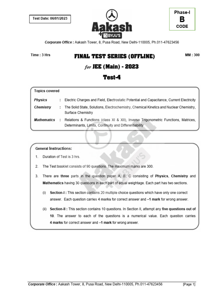 FTS - Test-4 - (Code-B) - JEE (Main) - 2023 (06-01-2023) Que. | PDF
