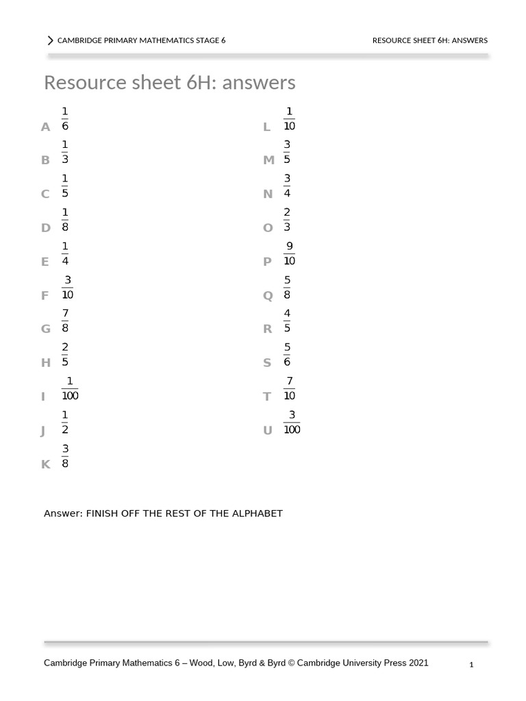 Prim Maths 6 2ed TR Resource Sheet Answers 6h | PDF