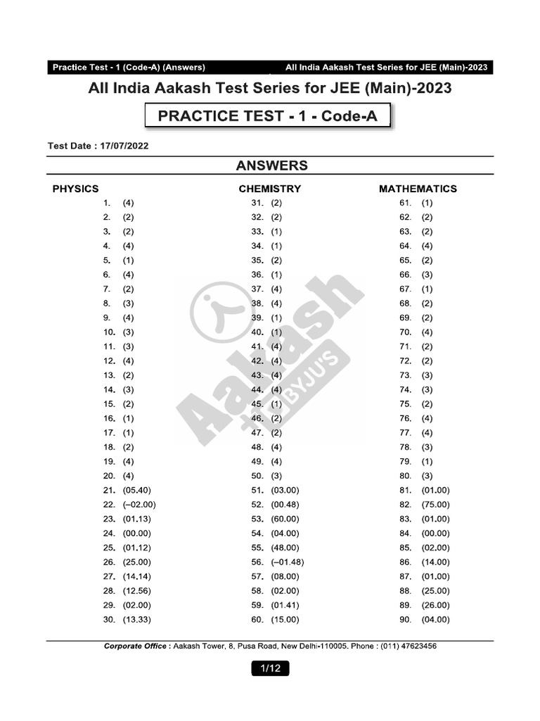 Practice test 1 aiats jee m 2023 code a 17 07 2022 sol pdf