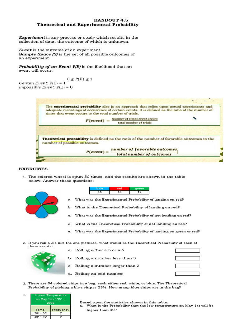 Handout 4.5 Experimental and Theoretical Probability | PDF