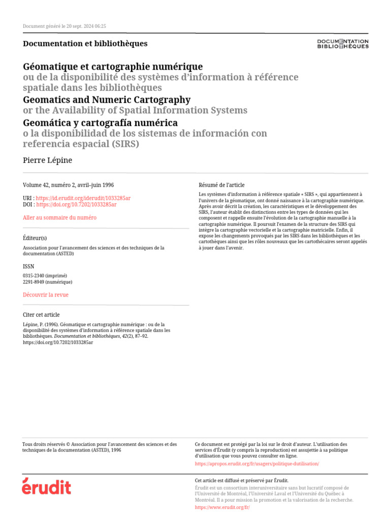 Géomatique Et Cartographie Numérique Geomatics and Numeric Cartography ...