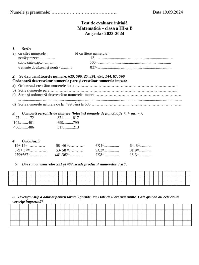 Test inițial Matematică Clasa 3 | PDF