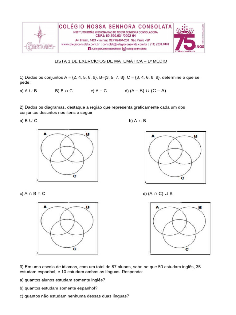 Lista 1 de Exercícios - Conjuntos e Diagrama de Venn | PDF