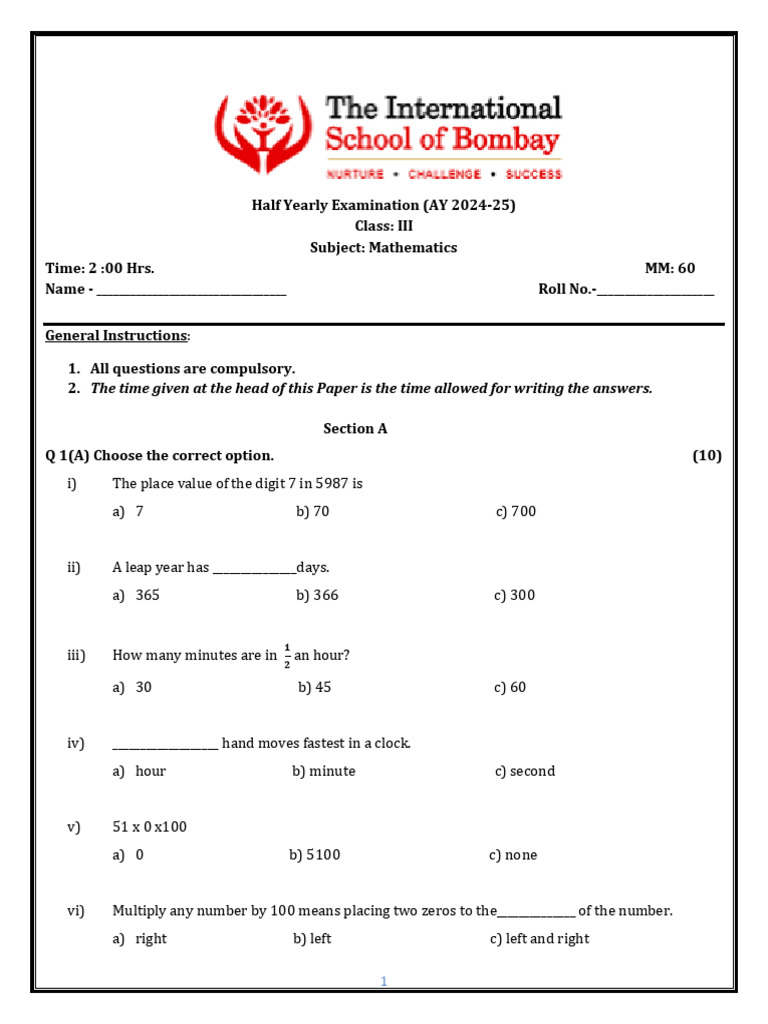 Class 3 Half Yearly 24-25 | PDF