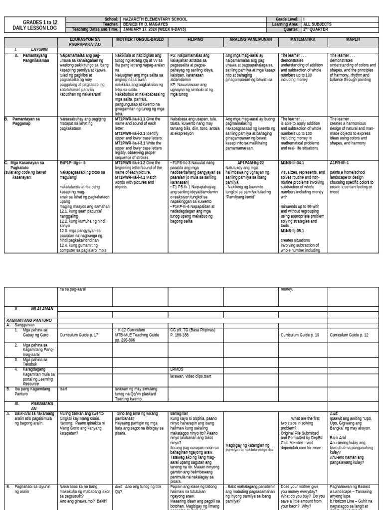 Daily Lesson Log for Grade 1 Subjects | PDF