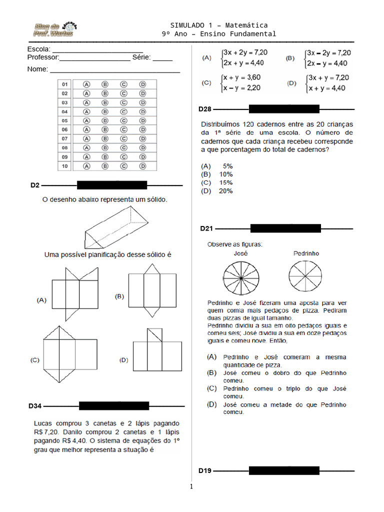 Simulado 01 Mat 9º Ano Blog Do Prof Warles Pdf
