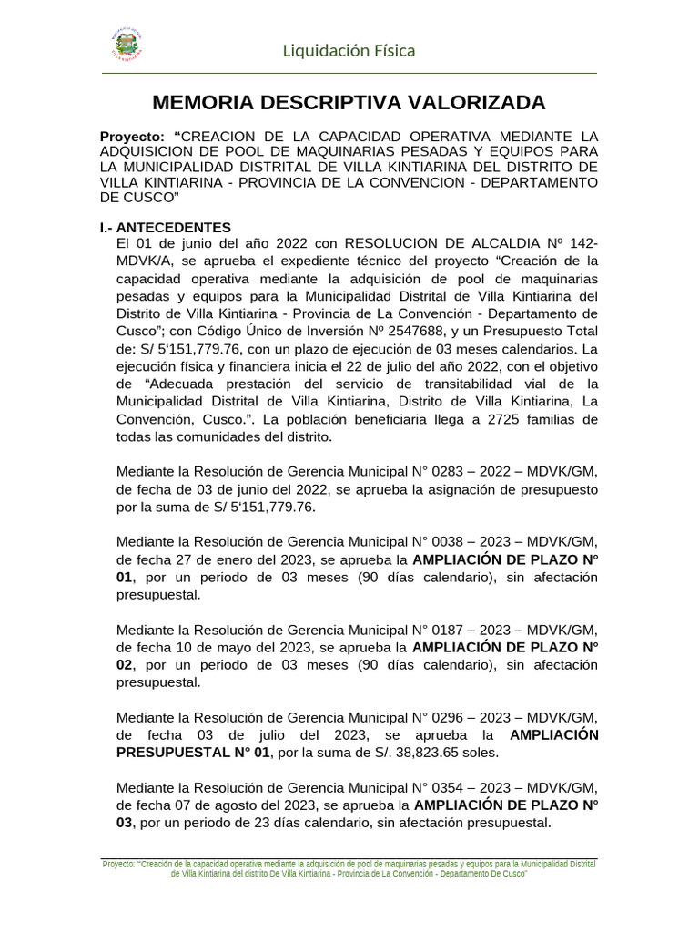 Memoria Descriptiva Valorizada Maq | PDF