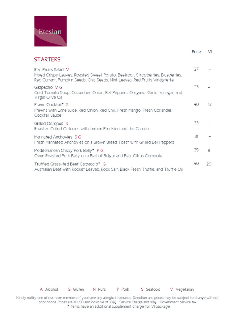 Velassaru Etesian Menu | PDF