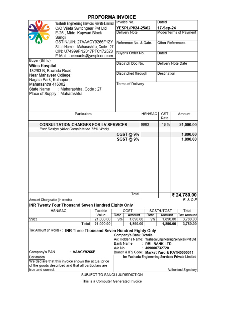 Proforma Invoice No. 62 | PDF