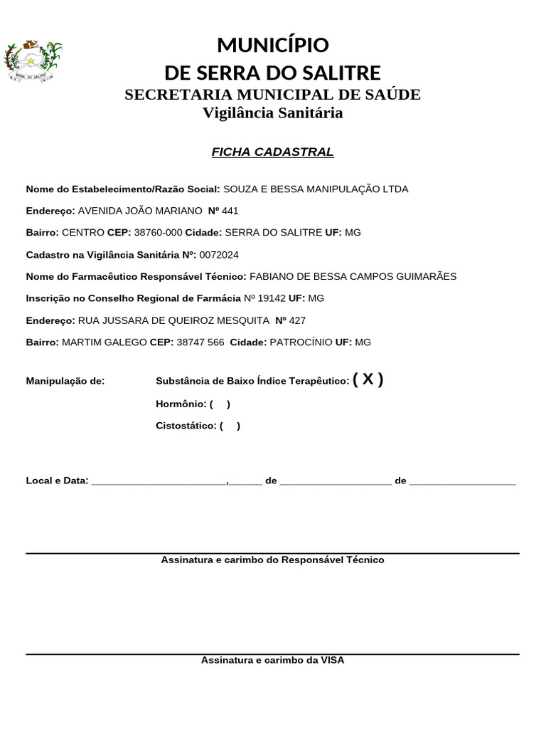 Ficha cadastral para horm nios citost ticos e sbit pdf