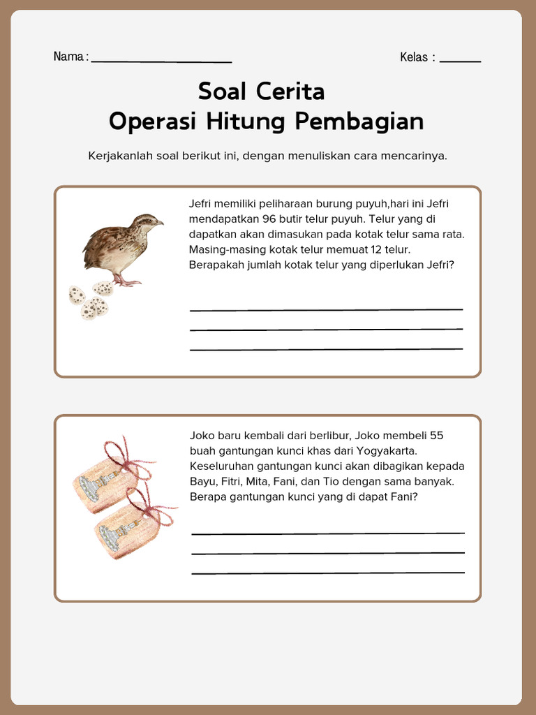 Soal Cerita Operasi Hitung Pembagian Lembar Kerja Coklat Putih