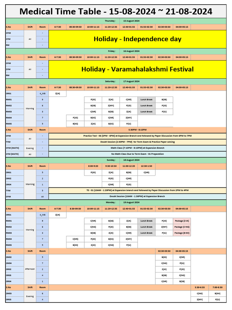 Medical Class Schedule 15-21 Aug | PDF