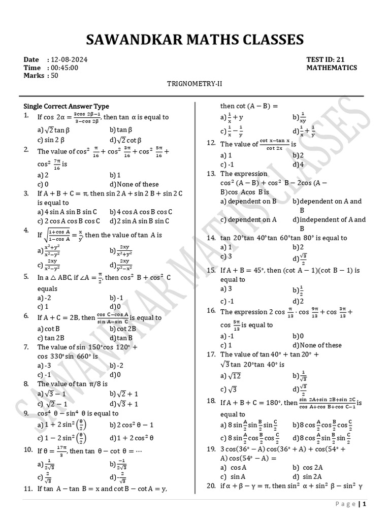Test Id 21 Mathematics | PDF