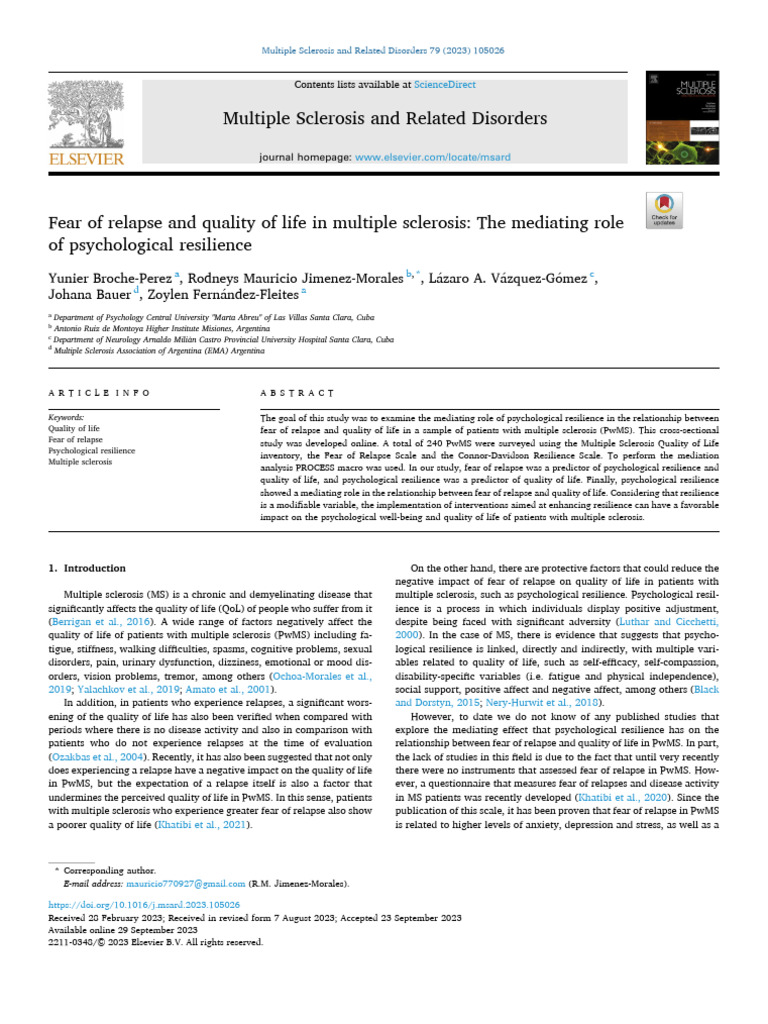Fear of Relapse and Quality of Life in Multiple Sclerosis - The ...