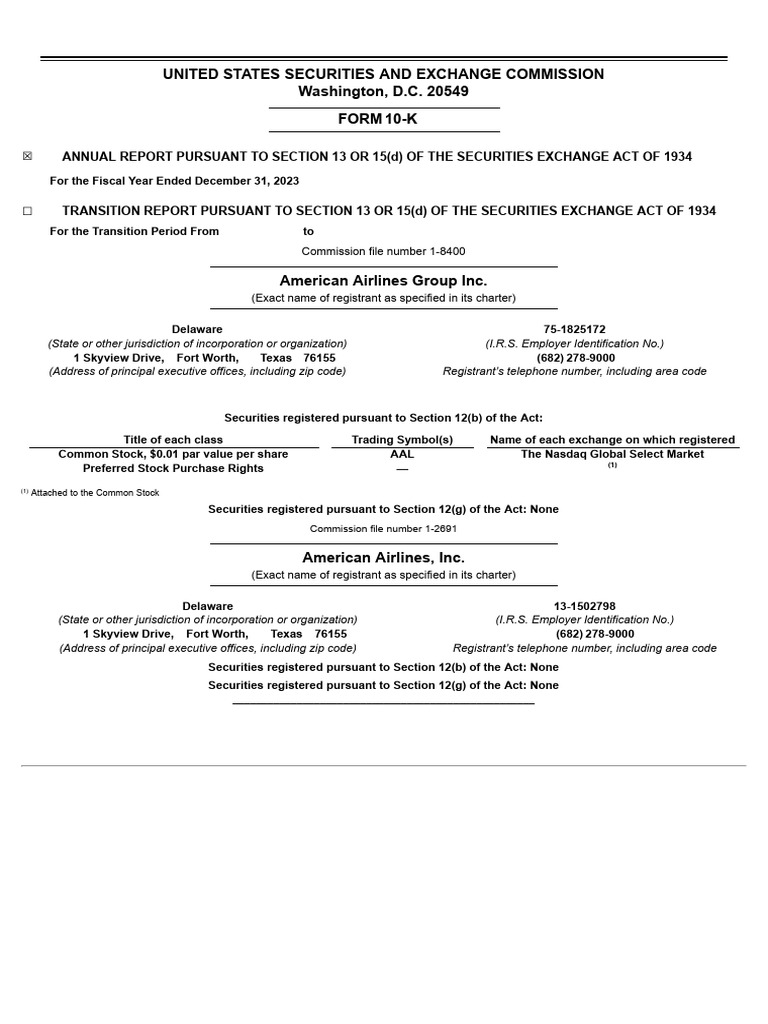 American Airlines 2023 Annual Report | PDF | Form 10 K | Airlines