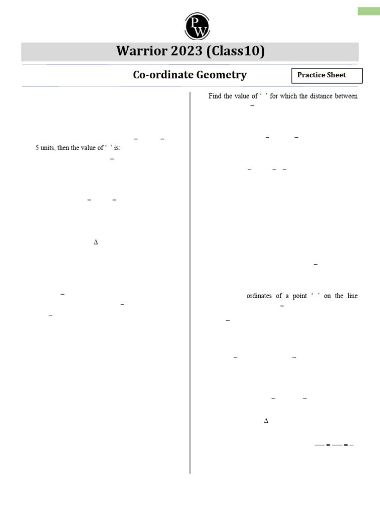 COORDINATE GEOMETRY - Practice Sheet & Solution - Warrior 2023 | PDF
