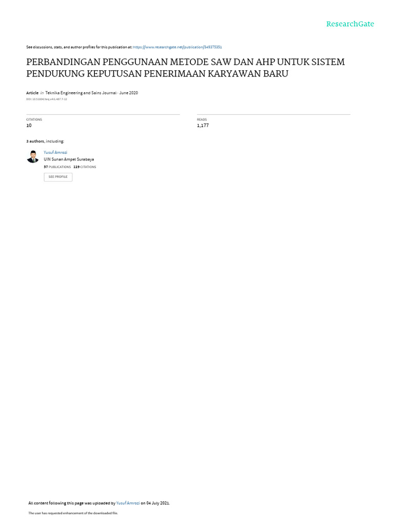 Perbandingan Penggunaan Metode Saw Dan Ahp Untuk S | PDF