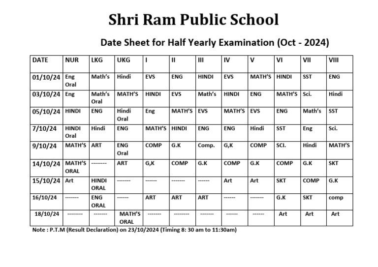 Half Yearly Exam Date Sheet October 2024 | PDF