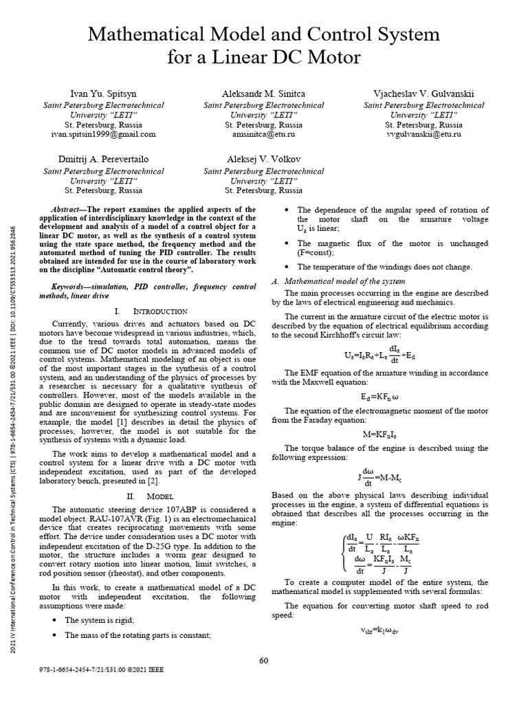 Mathematical Model and Control System For A Linear DC Motor | PDF