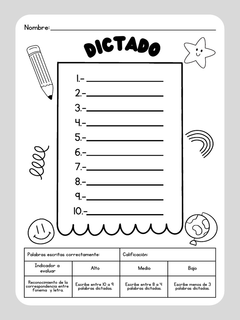 Hoja de Trabajo de Dictado Ilustrado Blanco y Negro | PDF