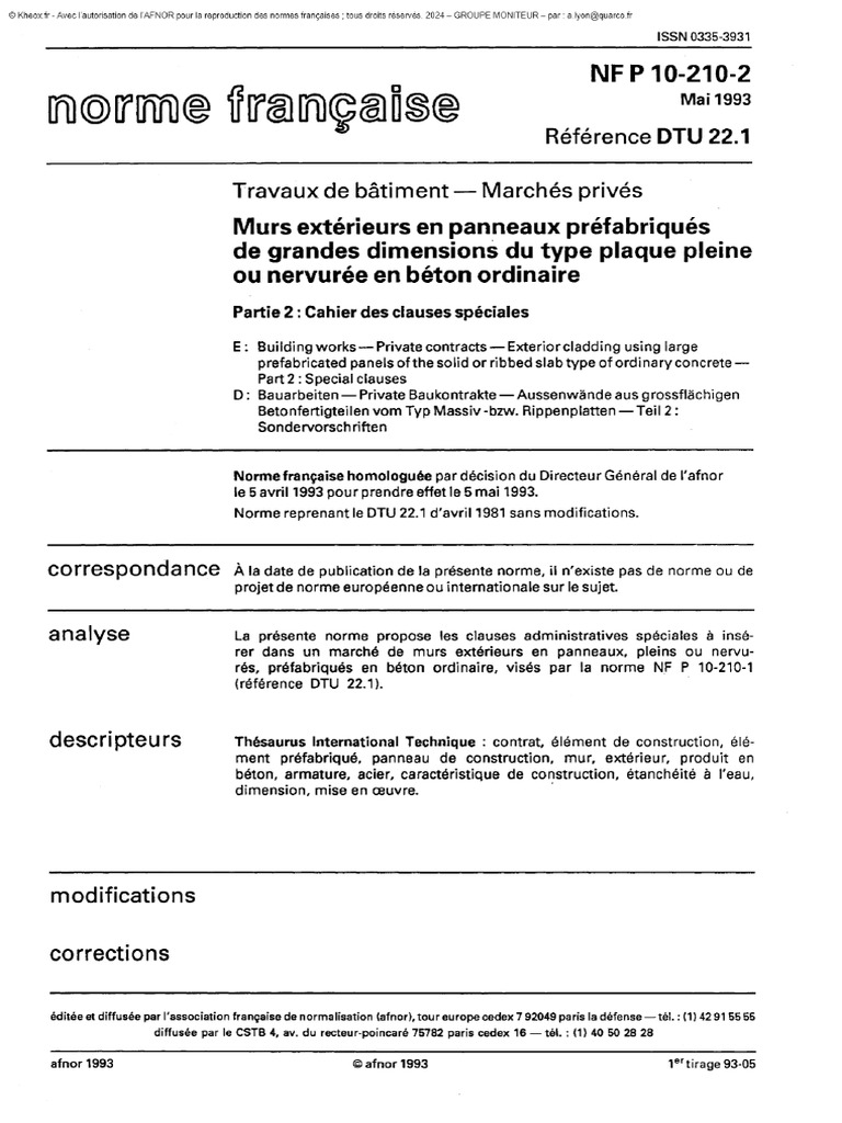DTU 22.1. Travaux de Bâtiment - Murs Ex... Artie 2 - Cahier Des Clauses ...
