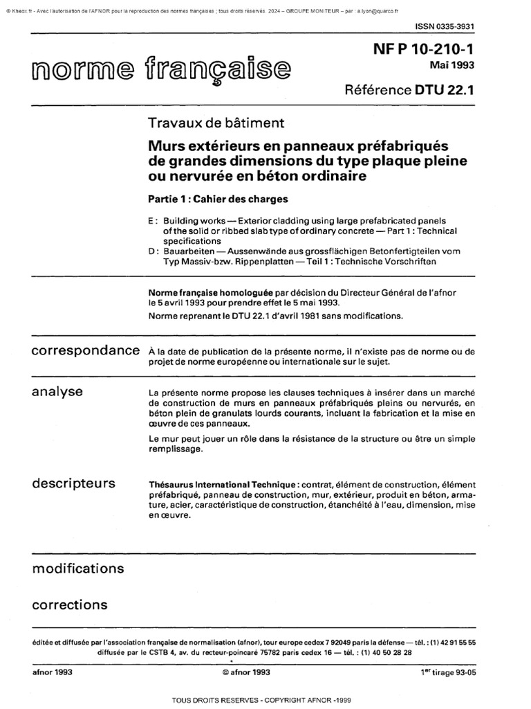 DTU 22.1. Travaux de Bâtiment - Murs Ex... Inaire - Partie 1 - Cahier ...