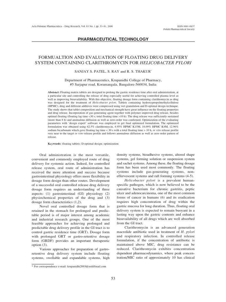 Formualtion and Evaluation of Floating Drug Delivery System Containing ...